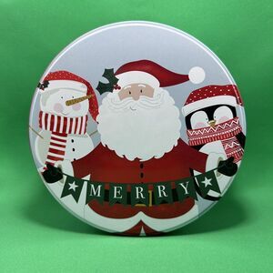 Cookie Tin Box Round Christmas Farm Fresh Santa Claus Snowman Penguin Damaged‎